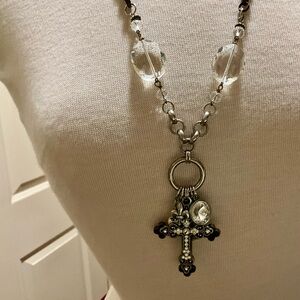 Mixed Metal Cross Charm Long Necklace Clear Glass Beads Key Ring Pendant